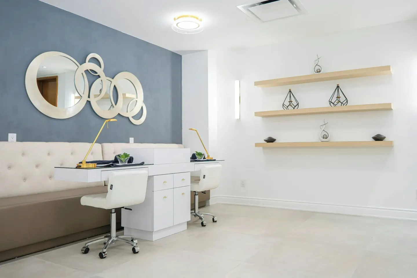 Salon styling stations with mirrors and chairs at St Kitts Marriott Beach Resort, Casino & Spa.