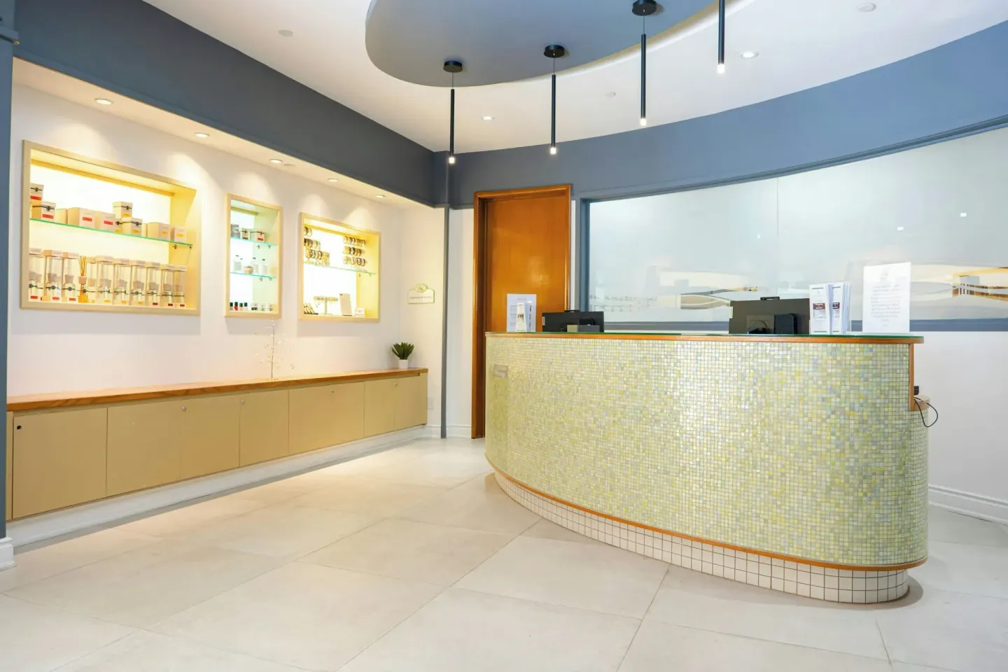 Spa reception desk with product displays at St Kitts Marriott Beach Resort, Casino & Spa.