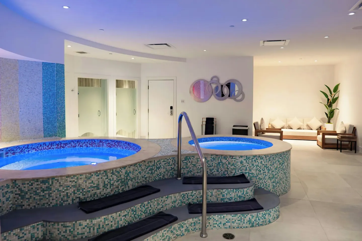 Mosaic whirlpool tubs and lounge seating at St Kitts Marriott Beach Resort, Casino & Spa.
