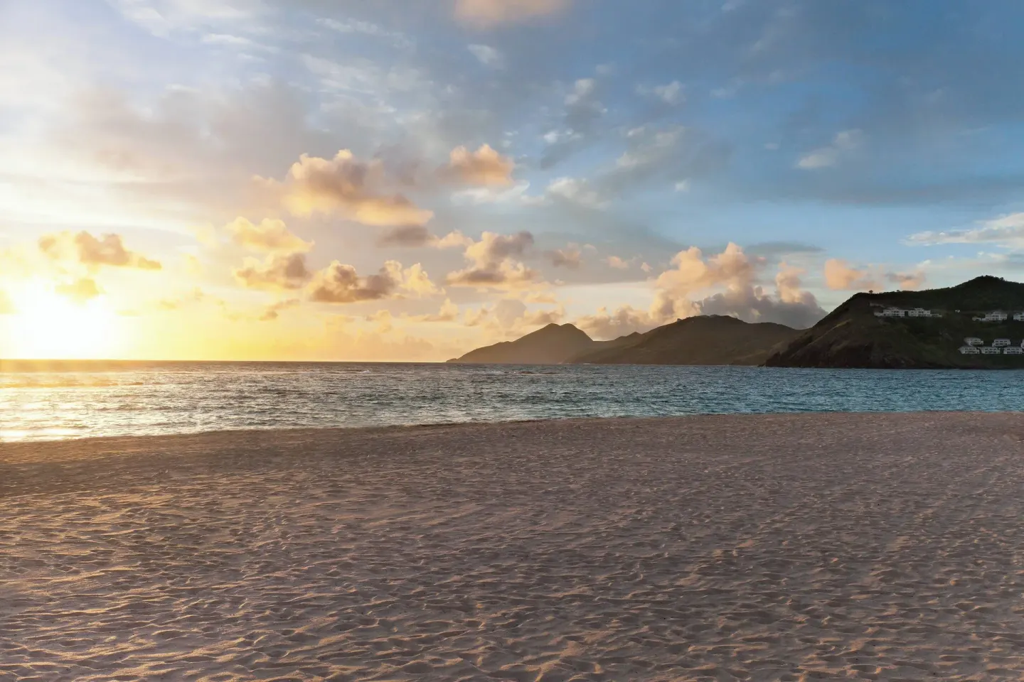 Sunset over the beach and water at St Kitts Marriott Beach Resort, Casino & Spa.