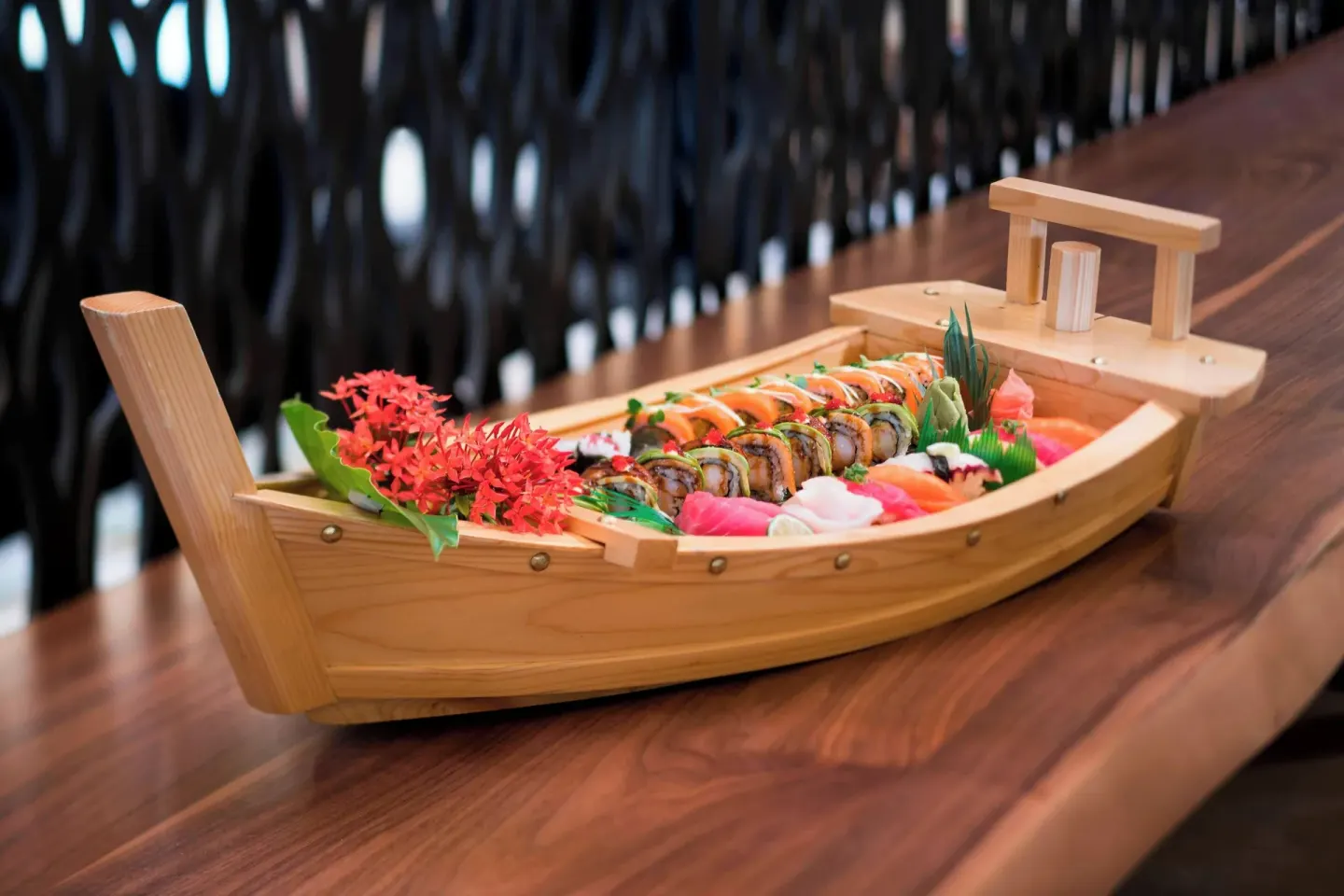 Wooden boat of sushi at St Kitts Marriott Beach Resort, Casino & Spa.