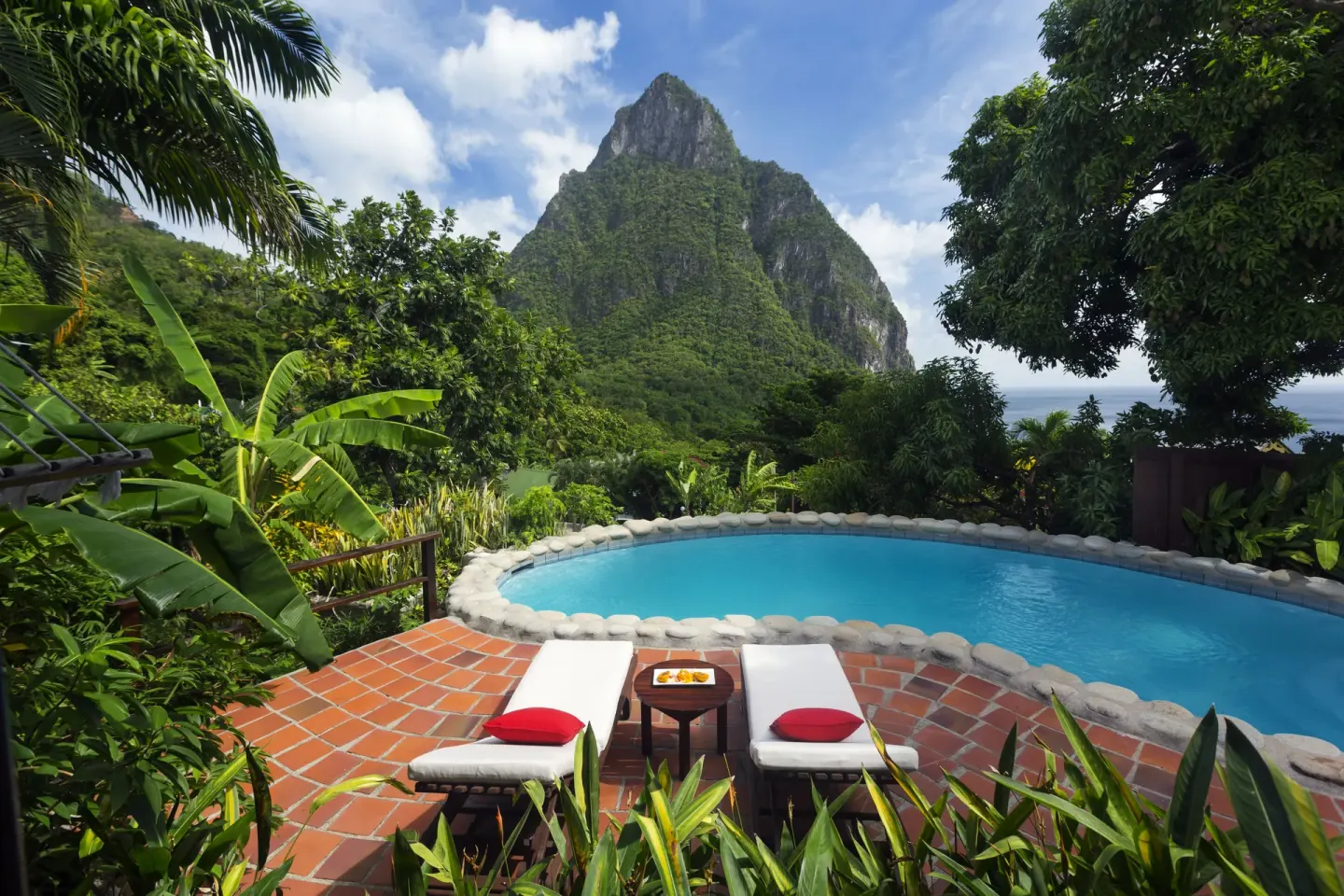 Private pool terrace with Piton view at Stonefield Villa Resort.