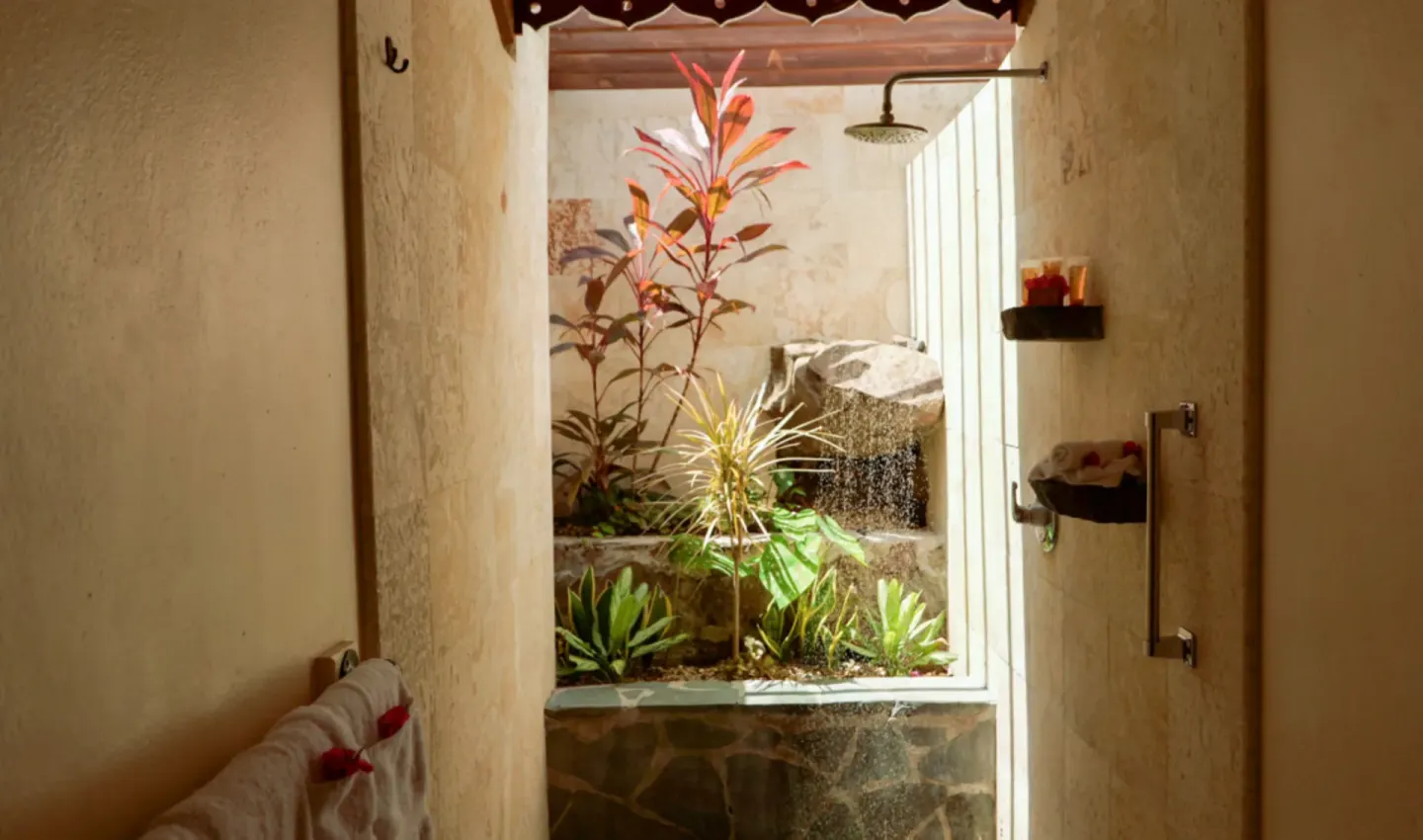 Garden shower in Bougainvillea Hillside View villa at Stonefield Villa Resort.