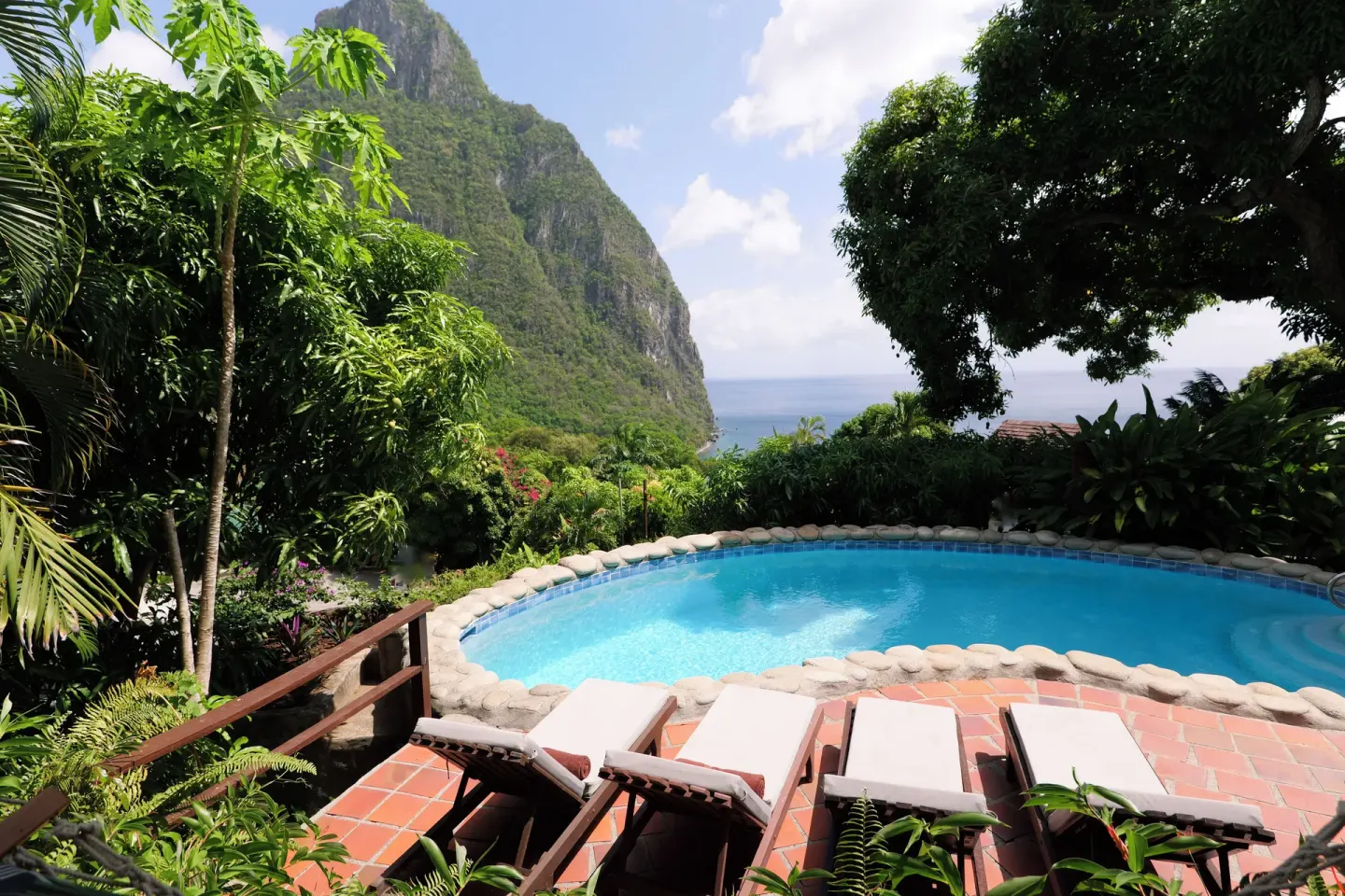 Pool and Piton view at Bougainvillea Hillside View villa at Stonefield Villa Resort.