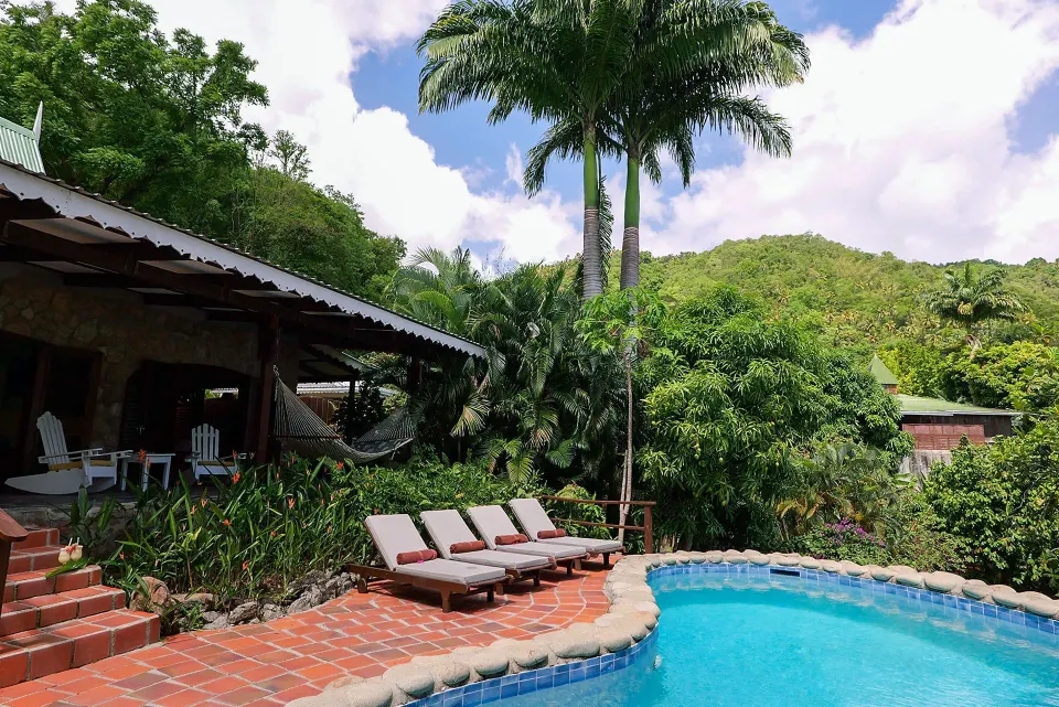 Private pool terrace at Bougainvillea Hillside View villa at Stonefield Villa Resort.