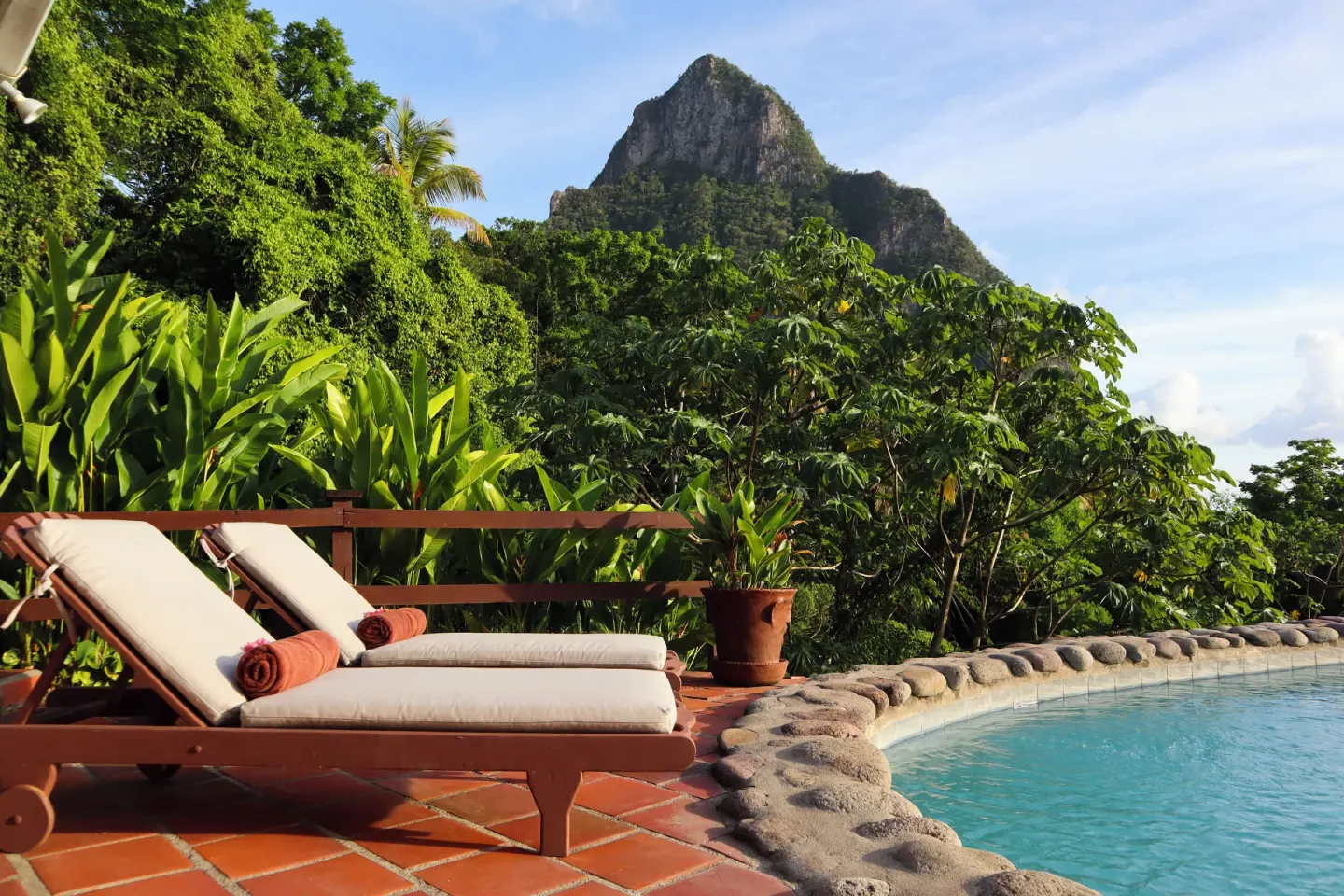 Ocean View Villa plunge pool and lounge chairs at Stonefield Villa Resort.