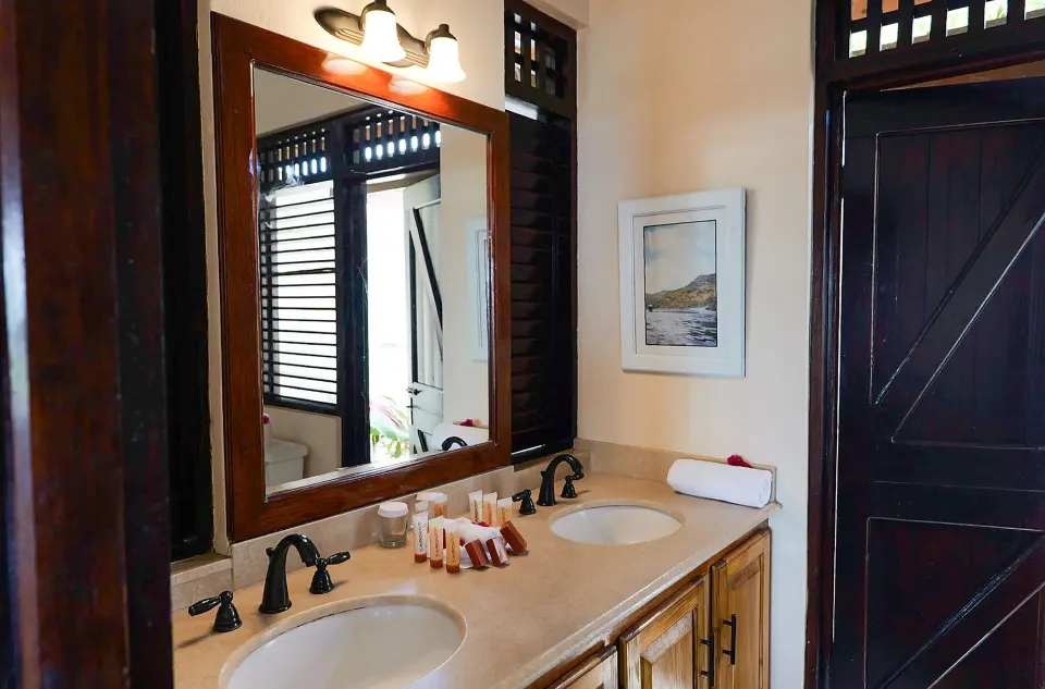Double vanity bathroom in a Piton Ocean View Villa at Stonefield Villa Resort.