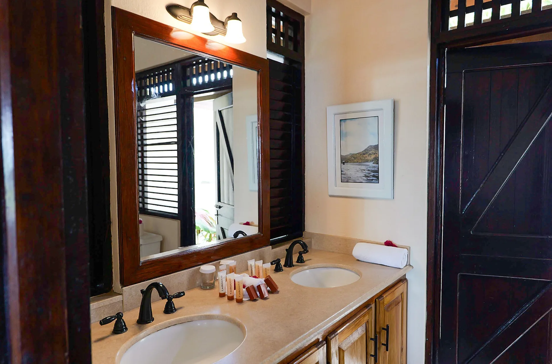 Double vanity bathroom in a Piton Ocean View Villa at Stonefield Villa Resort.