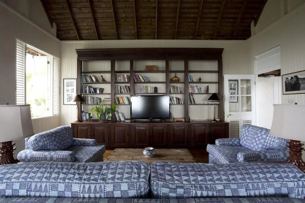 Lounge with blue patterned sofas, bookshelves, and a television at Strawberry Hill.