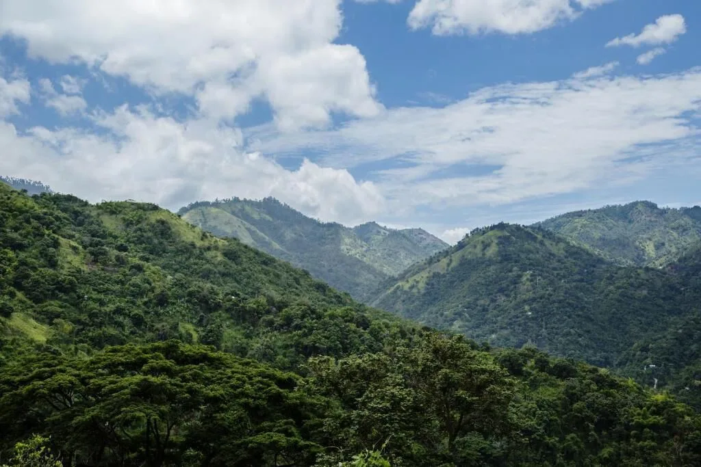 Green mountain ridges under a cloudy blue sky at Strawberry Hill.