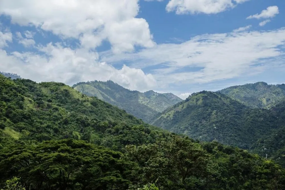 Green mountain ridges beneath a bright cloudy sky at Strawberry Hill.