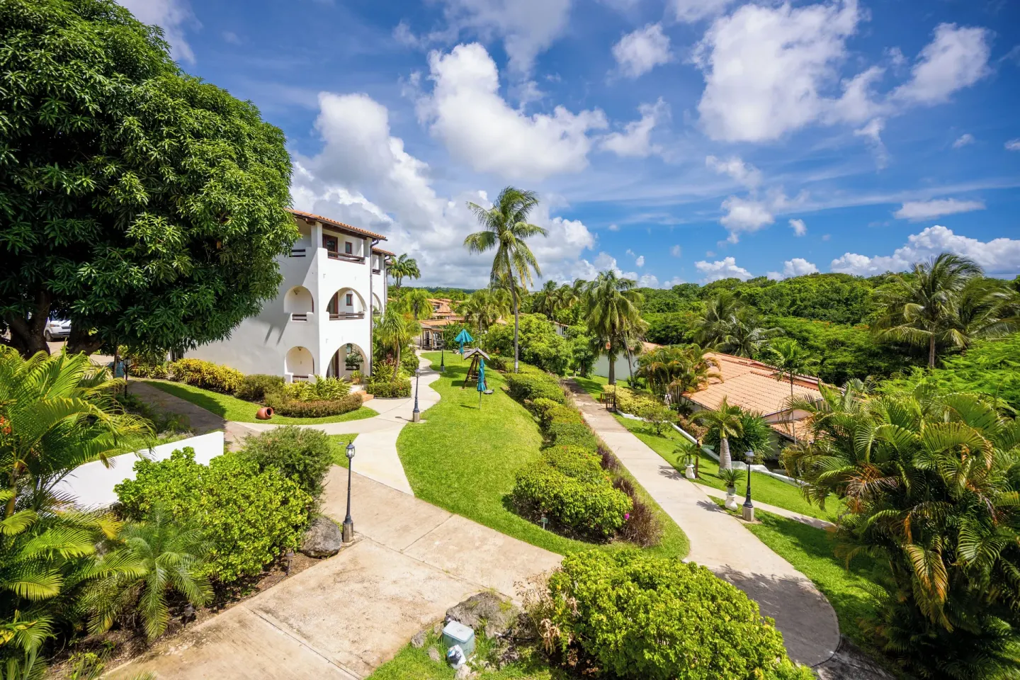 Elevated view of garden paths and resort buildings at Sugar Cane Club Hotel And Spa.