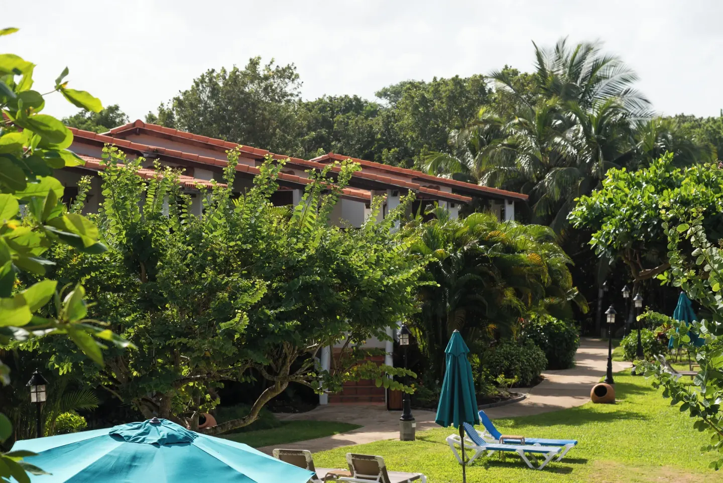Garden paths, loungers and red-roof buildings at Sugar Cane Club Hotel And Spa.