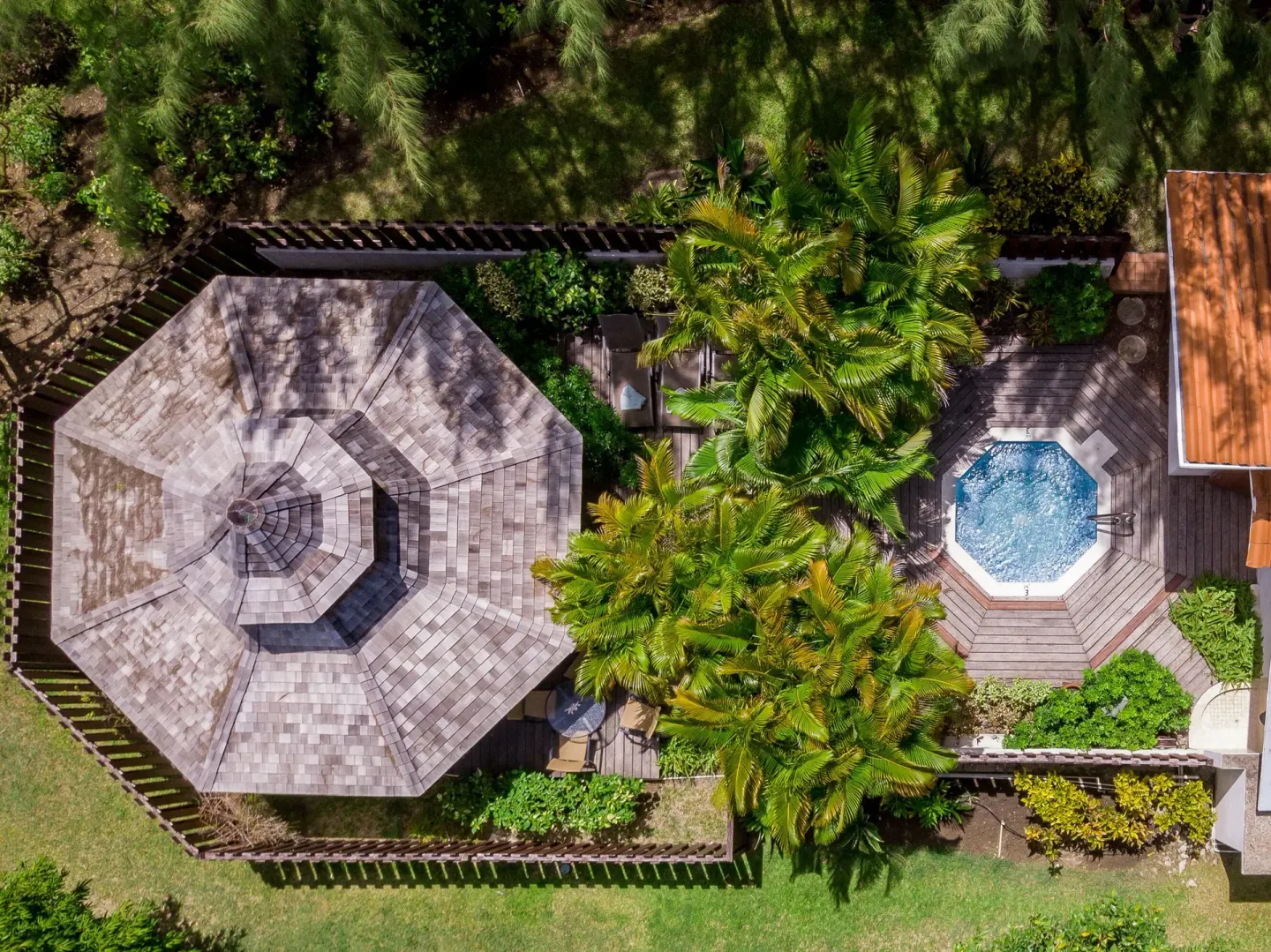 Aerial view of a garden deck and plunge pool at Sugar Cane Club Hotel And Spa.