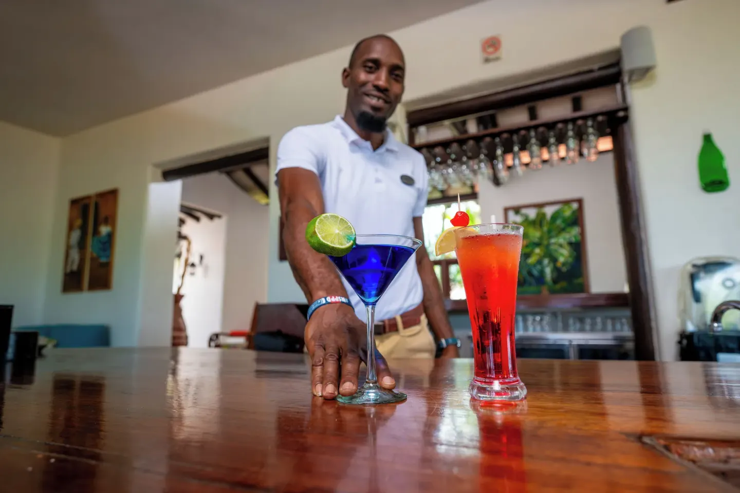 A bartender presents two colorful cocktails at Sugar Cane Club Hotel And Spa.