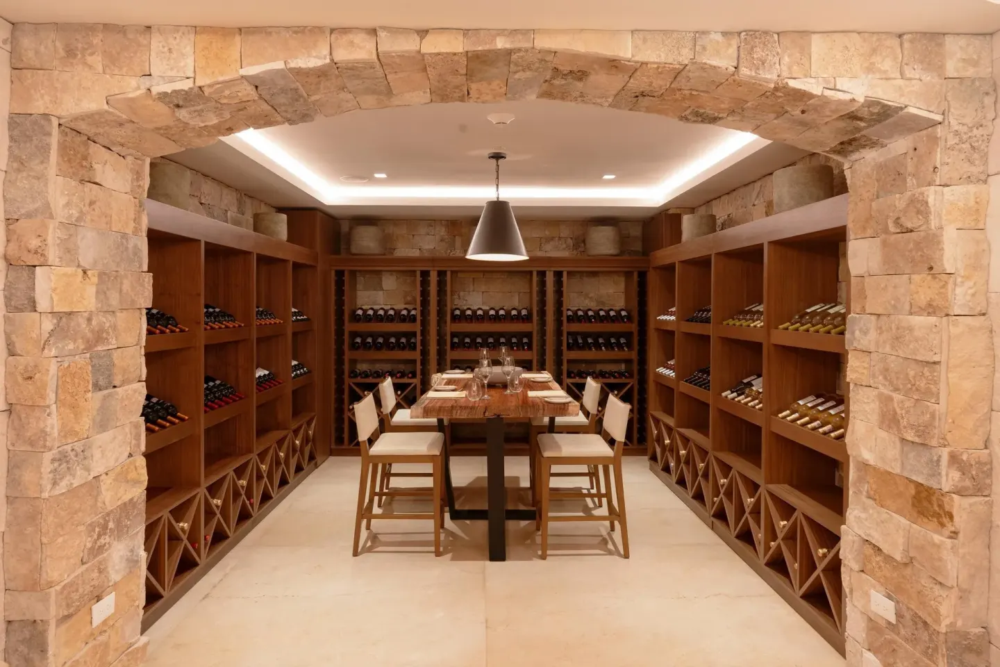 Wine room with bottle racks and a tasting table at Sun Palace Cancun.