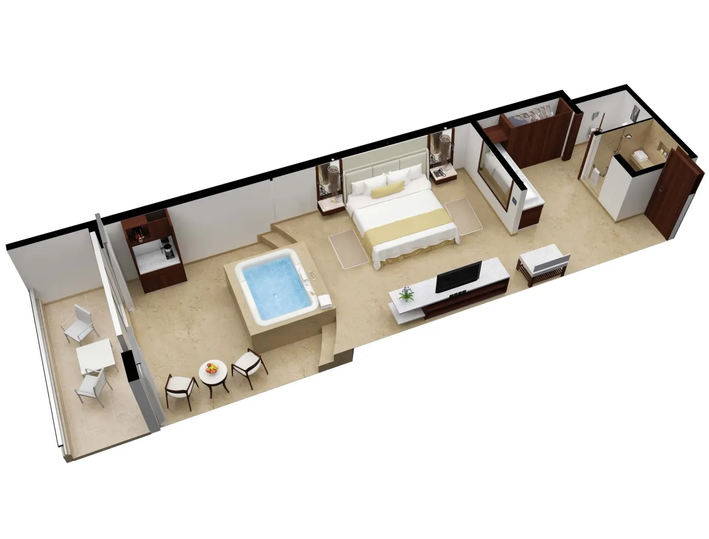 Superior Deluxe Ocean View room layout with king bed and balcony at Sun Palace Cancun.