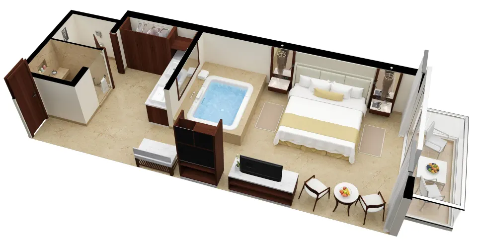 Superior Honeymoon Suite Ocean View floor plan with king bed at Sun Palace Cancun.