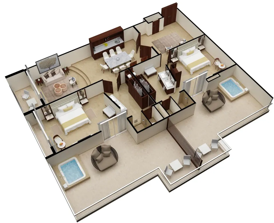 Floor plan rendering of a two-bedroom presidential suite layout at Sun Palace Cancun.