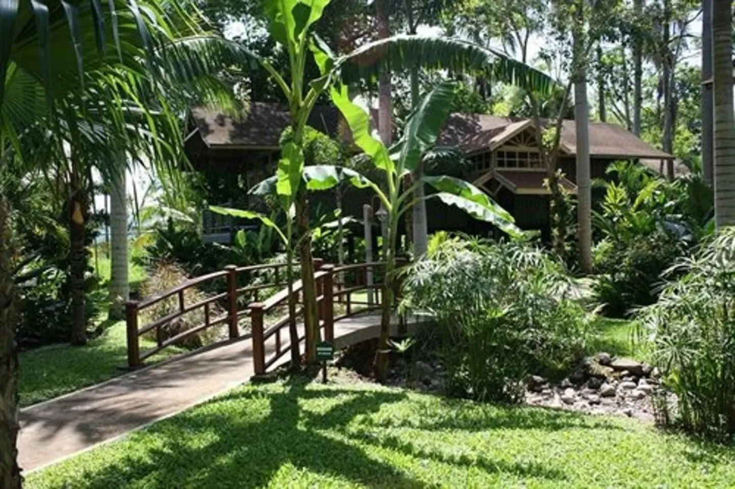 Garden path and wooden bridge among palms at Sunset at the Palms Resort.