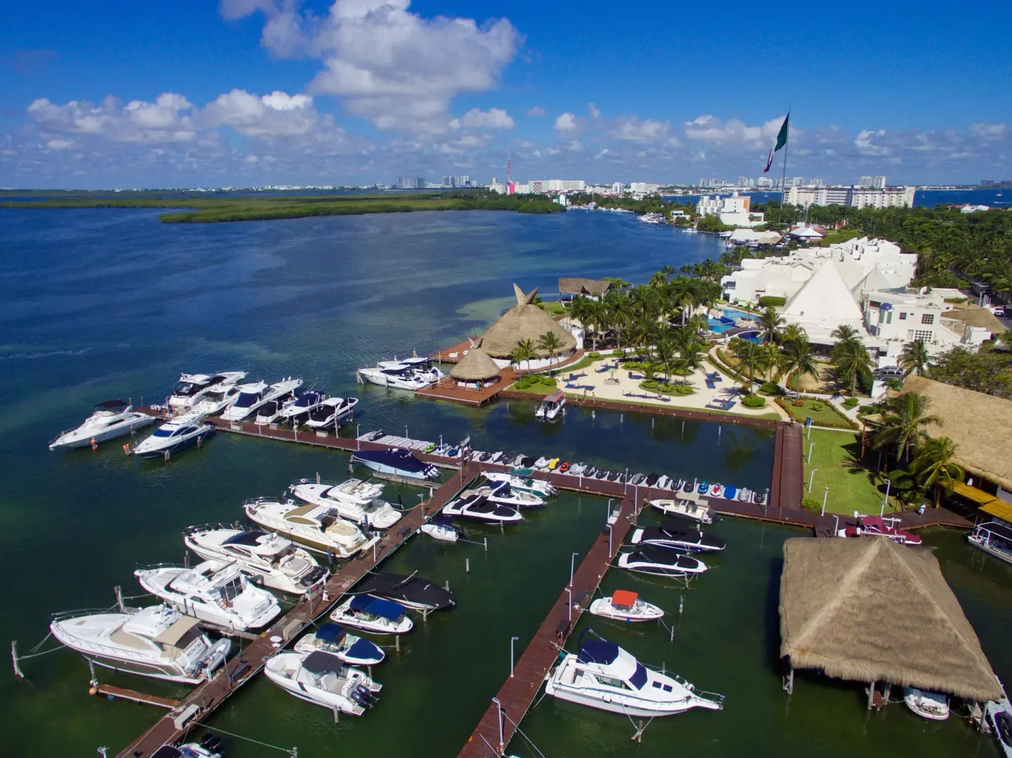 Aerial view of the marina and resort waterfront at Sunset Marina Resort & Yacht Club.