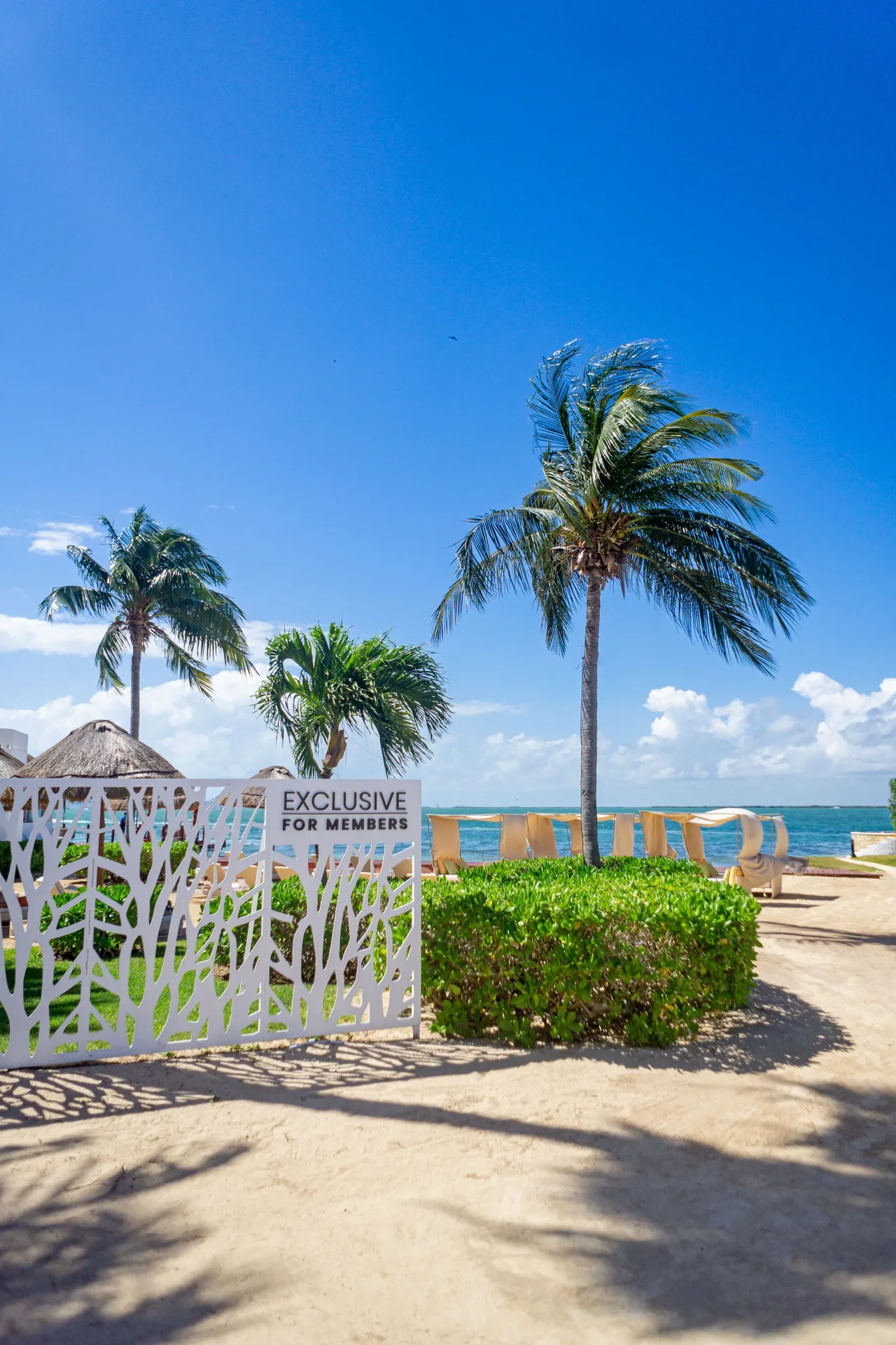 Beachfront member area sign with palms and sea at Sunset Marina Resort & Yacht Club.