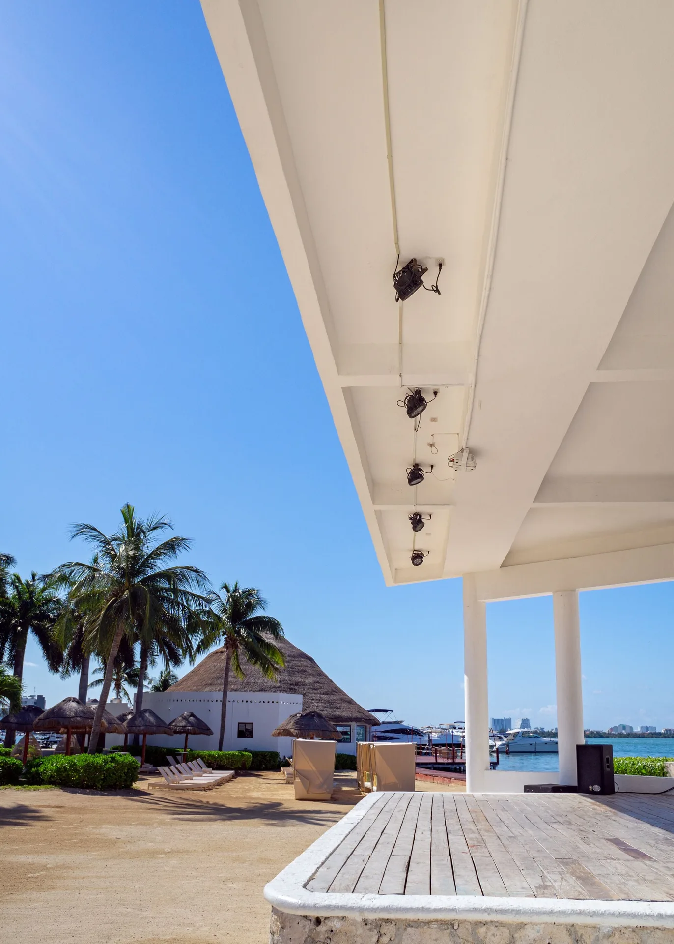 Outdoor stage area by the marina at Sunset Marina Resort & Yacht Club.