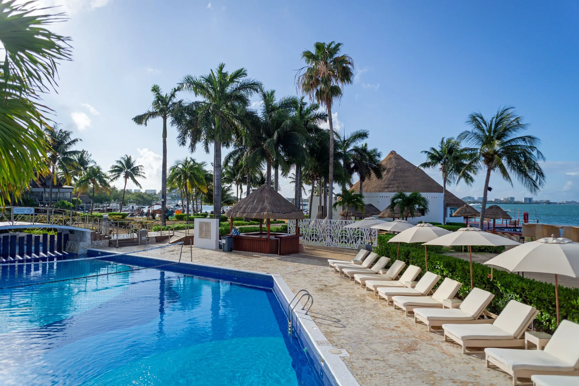 Pool with loungers, umbrellas, and palm trees at Sunset Marina Resort & Yacht Club.