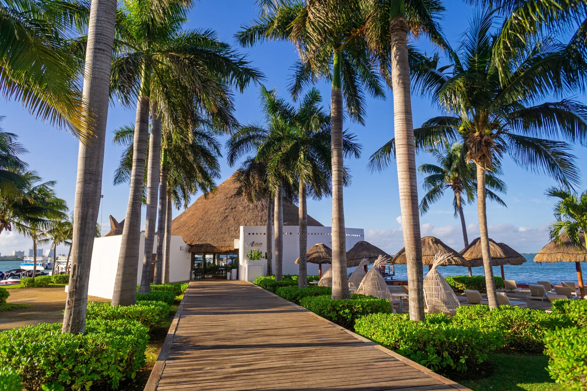 Palm-lined boardwalk leading to La Vela at Sunset Marina Resort & Yacht Club.
