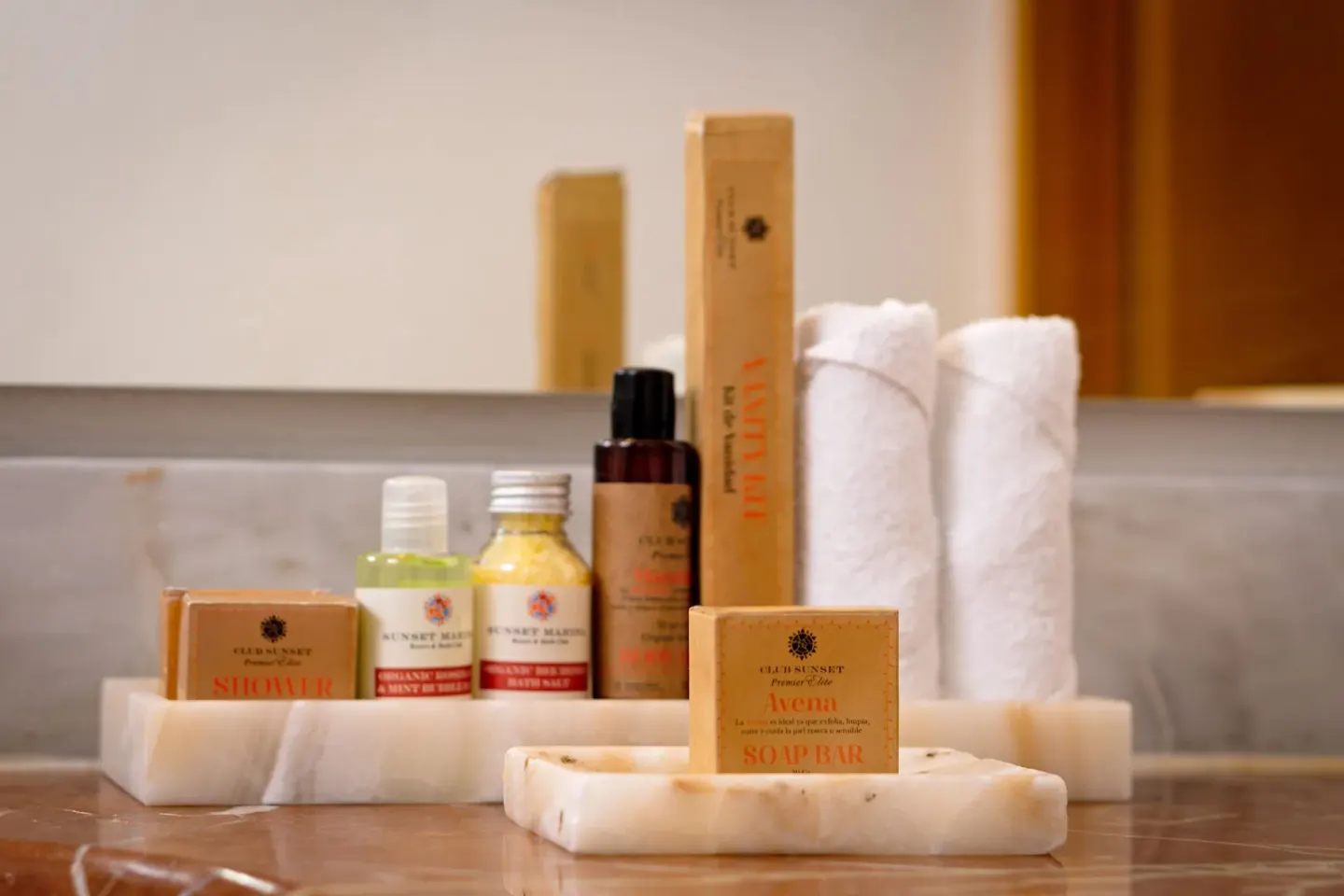 Bath amenities and towels in a Standard Room Garden View at Sunset Marina Resort & Yacht Club.