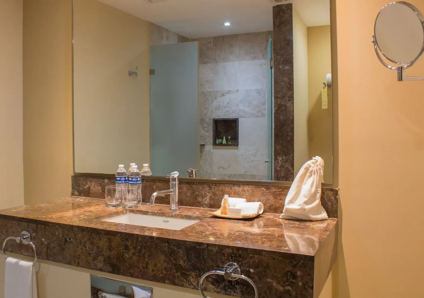 Bathroom vanity and glass shower at Sunset Plaza Beach Resort & Spa Pto Vallarta.