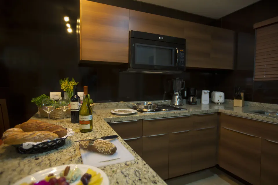 Oceanfront Suite kitchenette counter at Sunset Plaza Beach Resort & Spa Pto Vallarta.