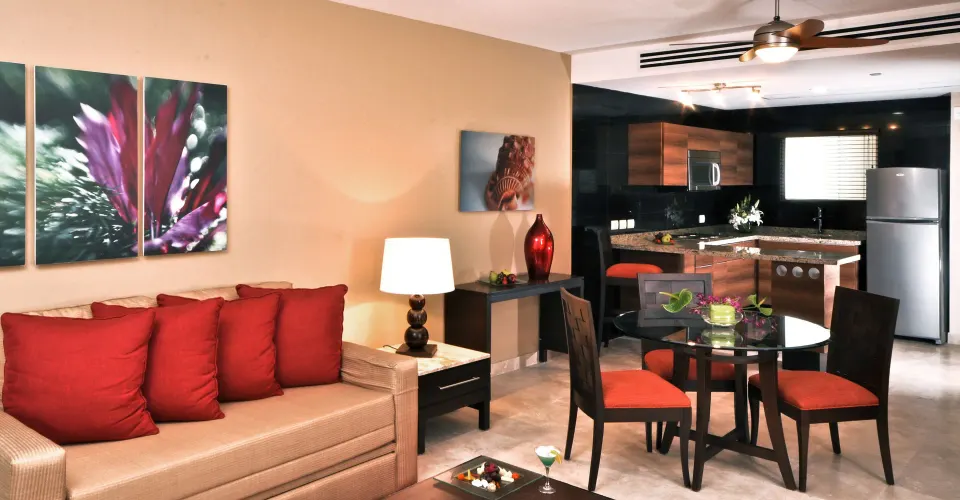Oceanfront Suite living area and kitchenette at Sunset Plaza Beach Resort & Spa Pto Vallarta.