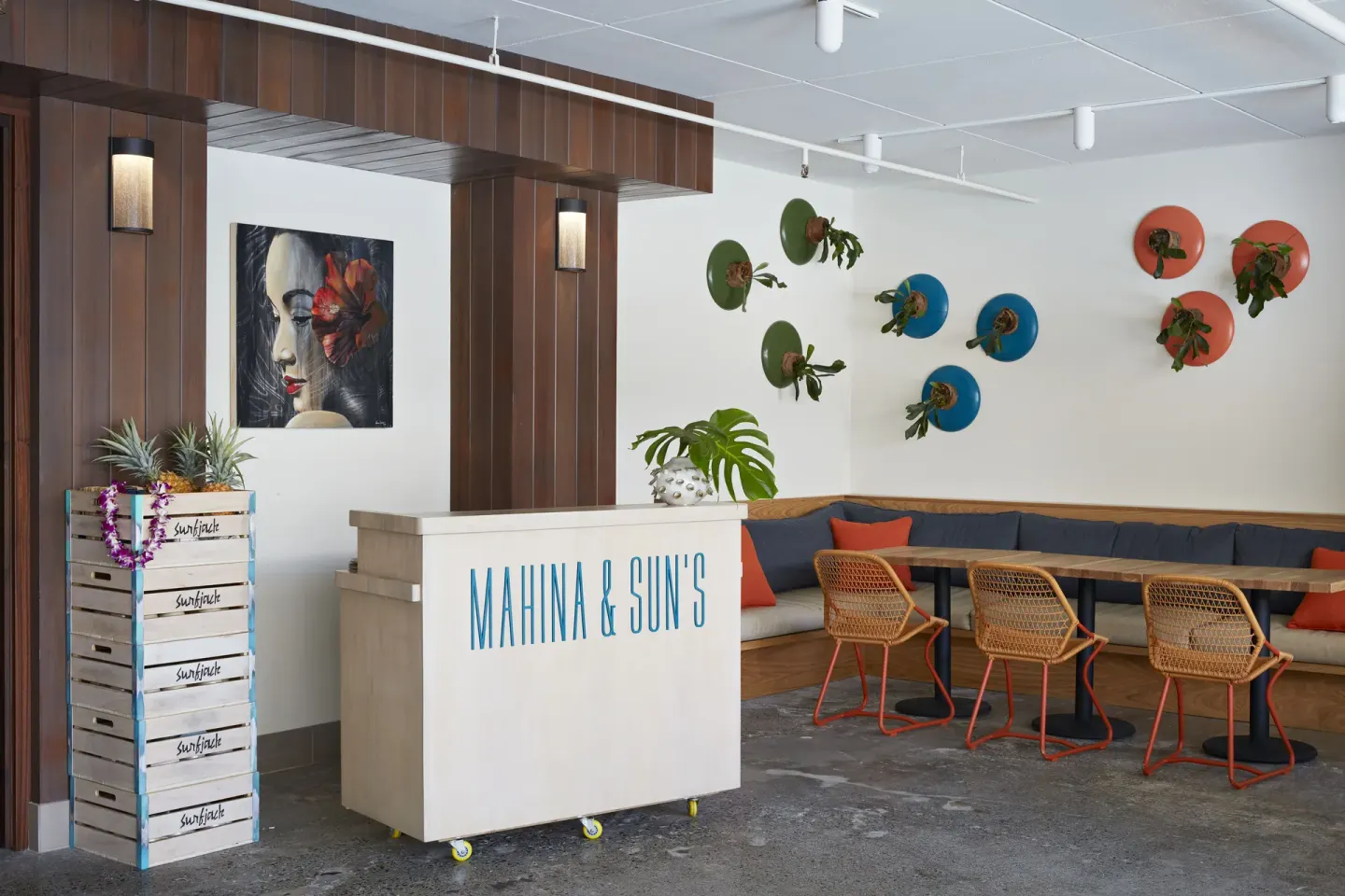 Mahina & Sun's host stand and dining area at Surfjack Hotel & Swim Club.
