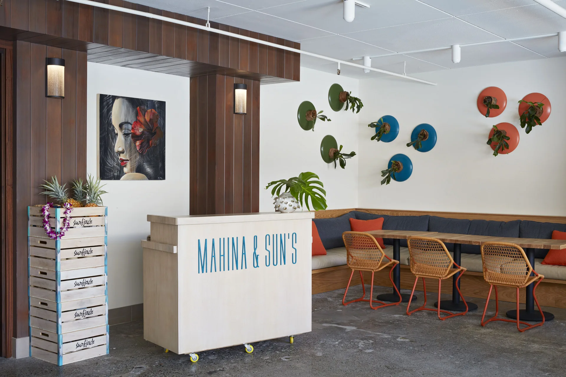 Mahina & Sun's host stand and dining area at Surfjack Hotel & Swim Club.