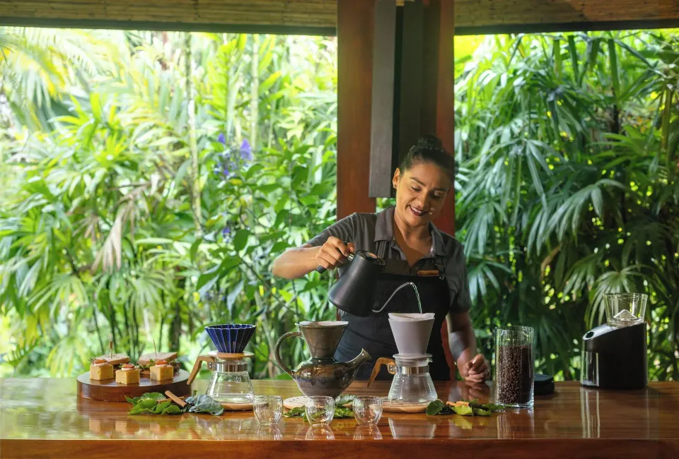 Resort staff pouring brewed coffee at Tabacón Thermal Resort & Spa surrounded by greenery