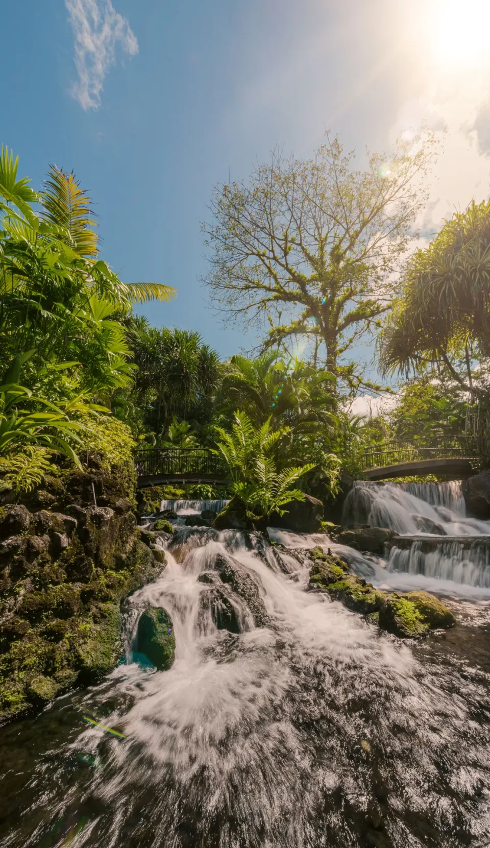 Tiered thermal waterfalls and lush tropical vegetation at Tabacón Thermal Resort & Spa
