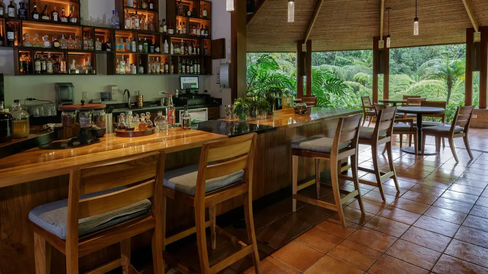 Open-air wood bar with stools and jungle views at Tabacón Thermal Resort & Spa
