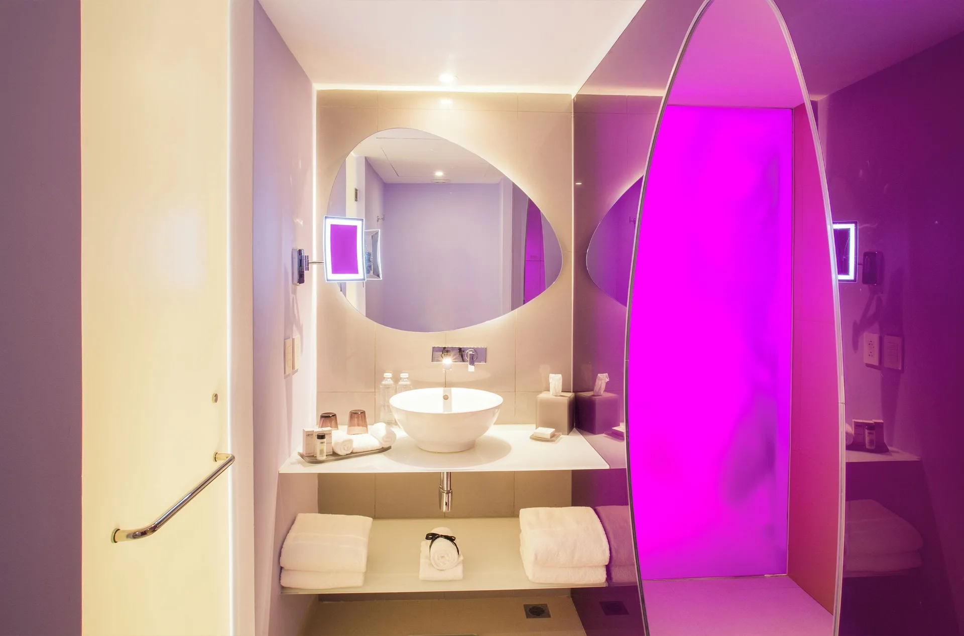 Trendy Ocean View Room bathroom vanity and shower at Temptation at The Tower Cancún.