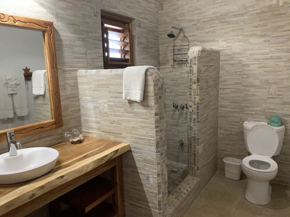 Superior Garden View bathroom with tiled shower at Tensing Pen Hotel.