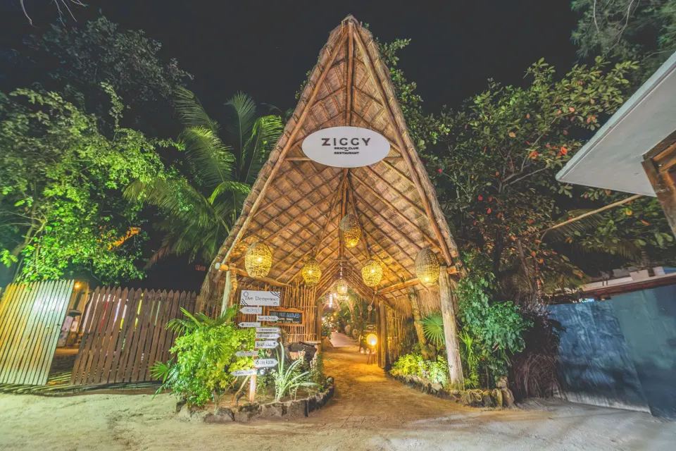 Thatched Ziggy entrance lit at night at The Beach Tulum