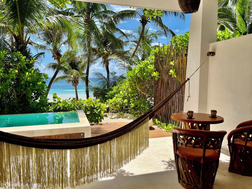 Private plunge pool and hammock on a room terrace at The Beach Tulum