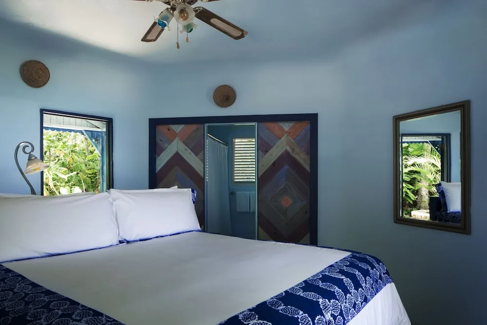 A blue guest room with a white bed, patterned coverlet, and garden-facing windows at The Caves.