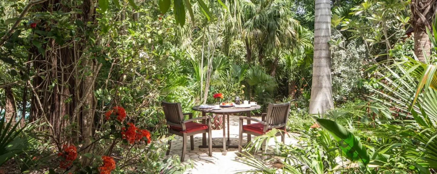 Private garden table for two surrounded by tropical plants at The Caves.