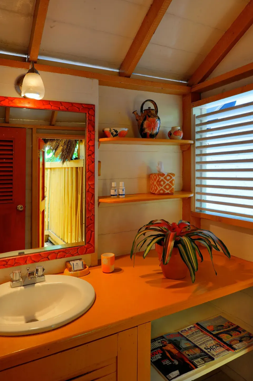Deluxe Room bathroom vanity with sink, mirror, shelves, and plant at The Caves.