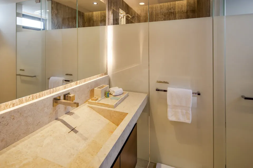 Bathroom vanity and glass shower in a One Bedroom Villa with Hot Tub at The Club at Solaz.