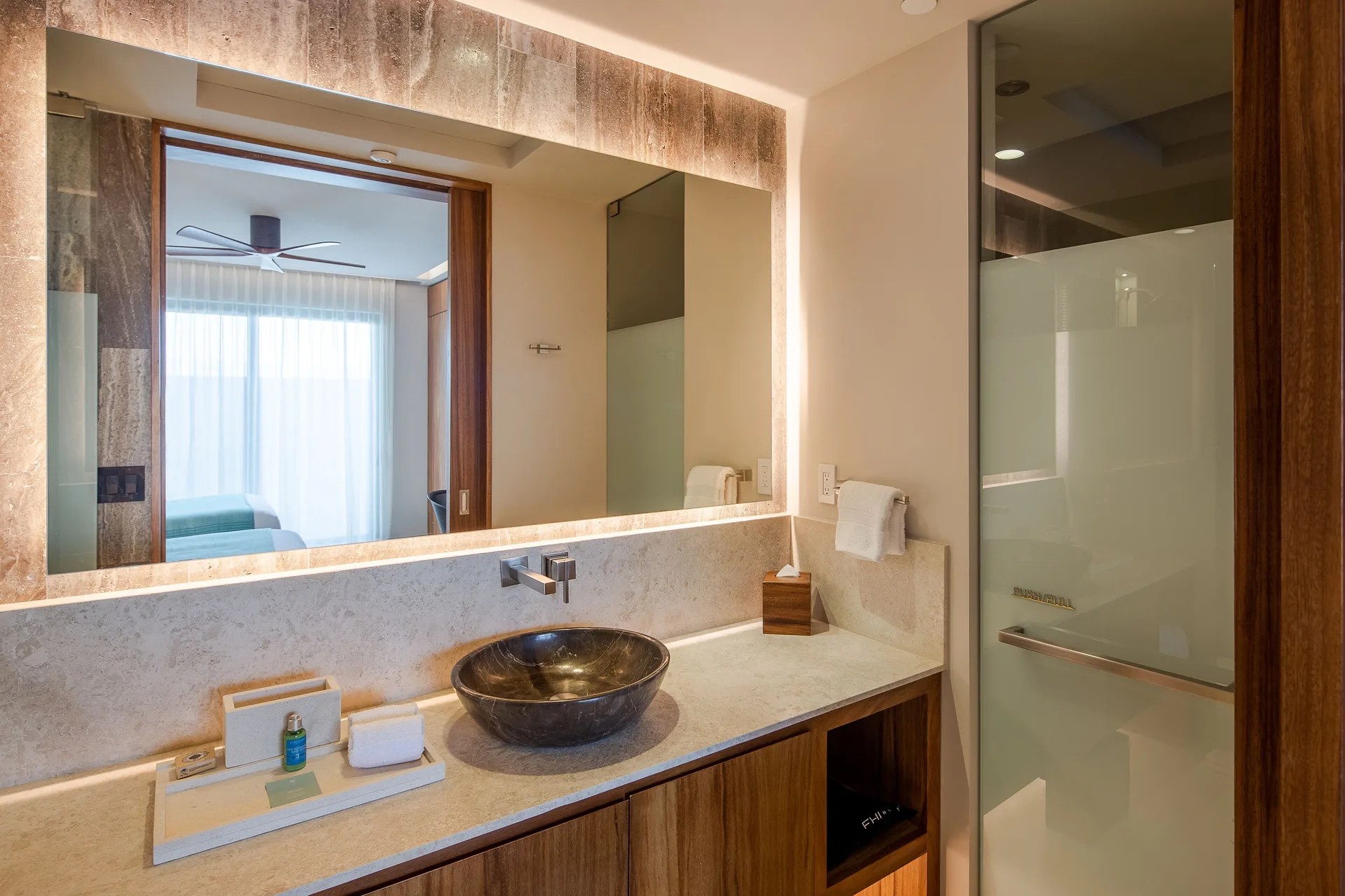 Two Bedroom Villa Ocean View bathroom vanity at The Club at Solaz.