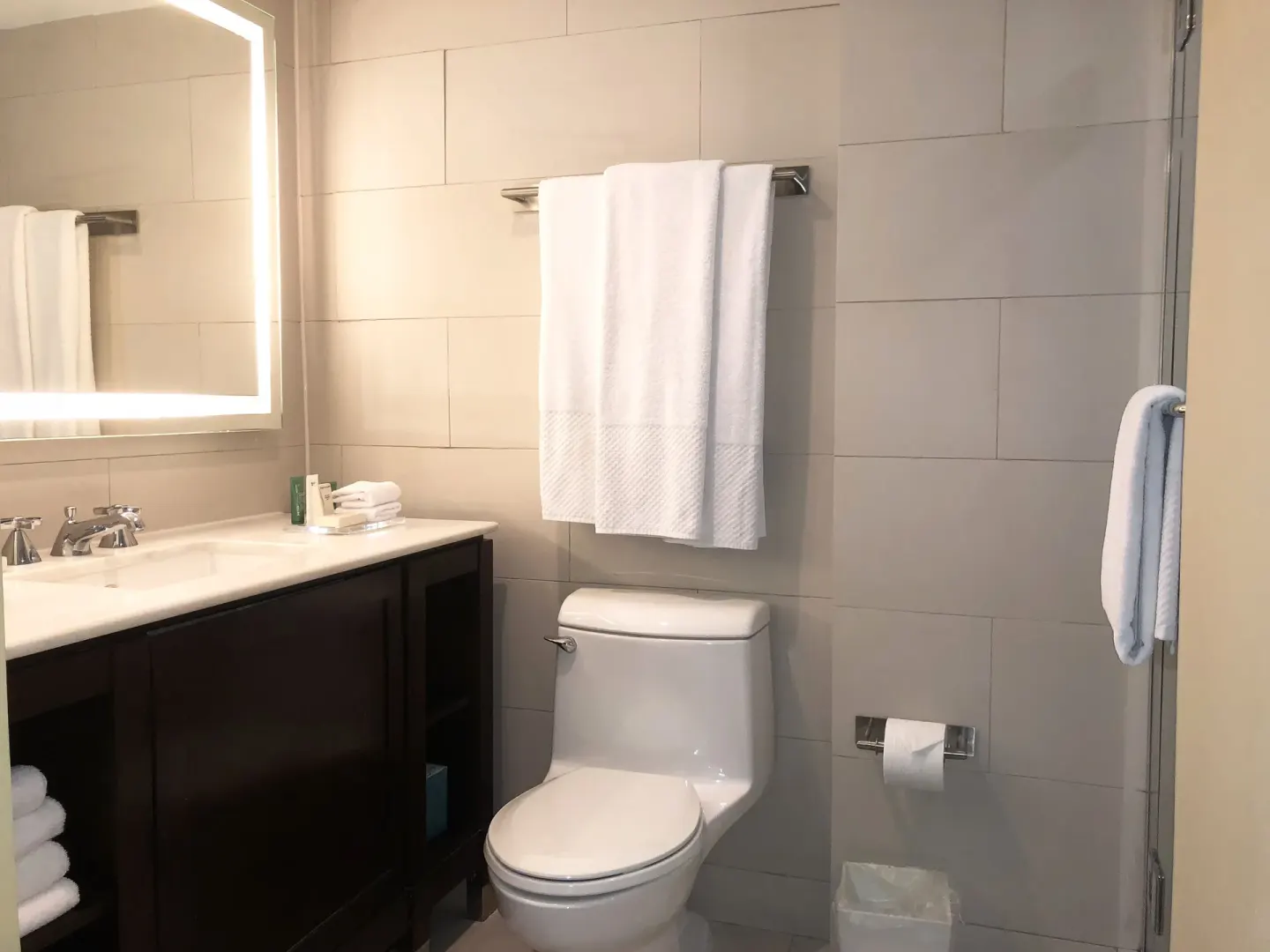 Guest bathroom with lighted mirror and towel rack at The Condado Plaza Hotel.