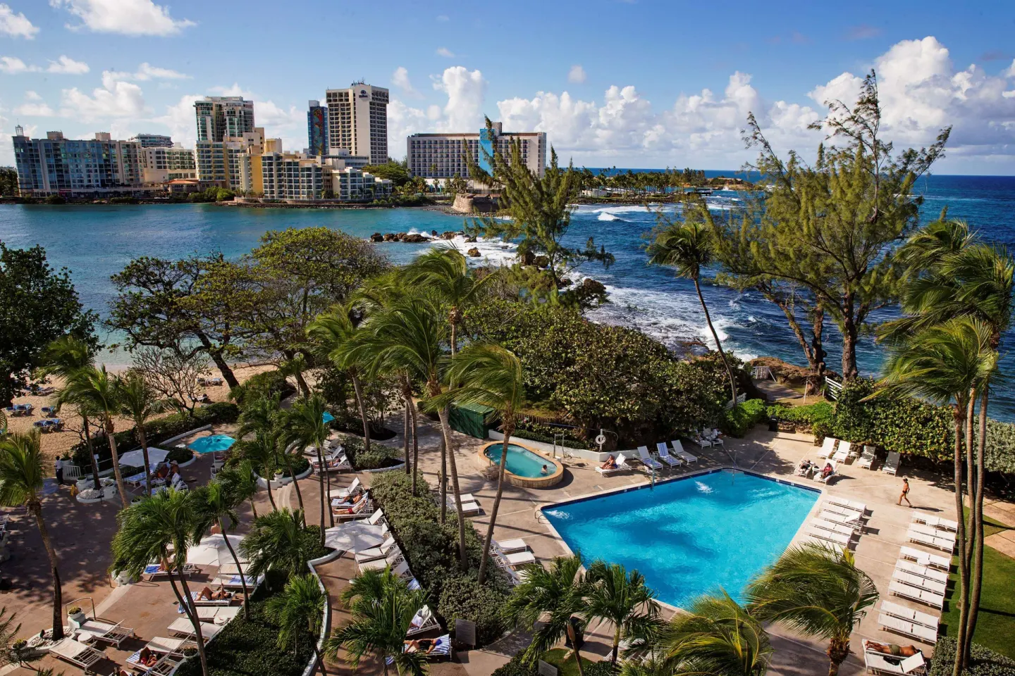 Pool deck, palms, ocean, and city skyline at The Condado Plaza Hotel.