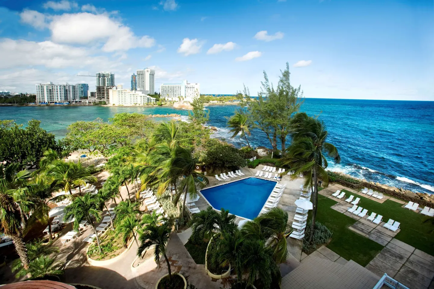 Oceanfront pool deck with palms and lounge chairs at The Condado Plaza Hotel.